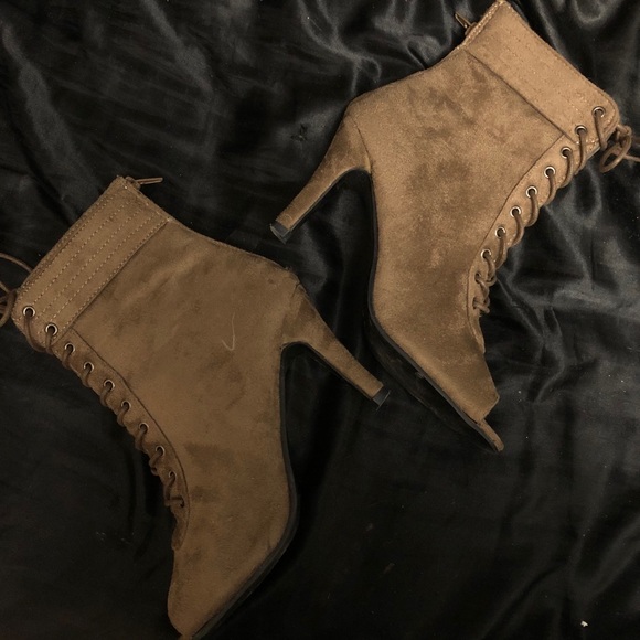Lace Up Peep Toe Suede Heel Ankle Boots - Picture 1 of 4